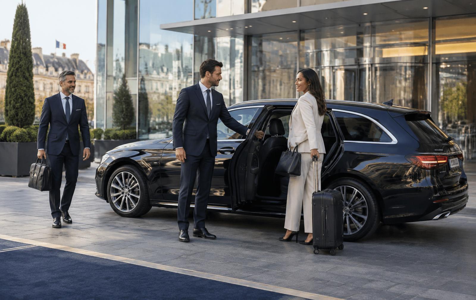 Voyageurs professionnels accueillis par un chauffeur privé devant un siège d'entreprise