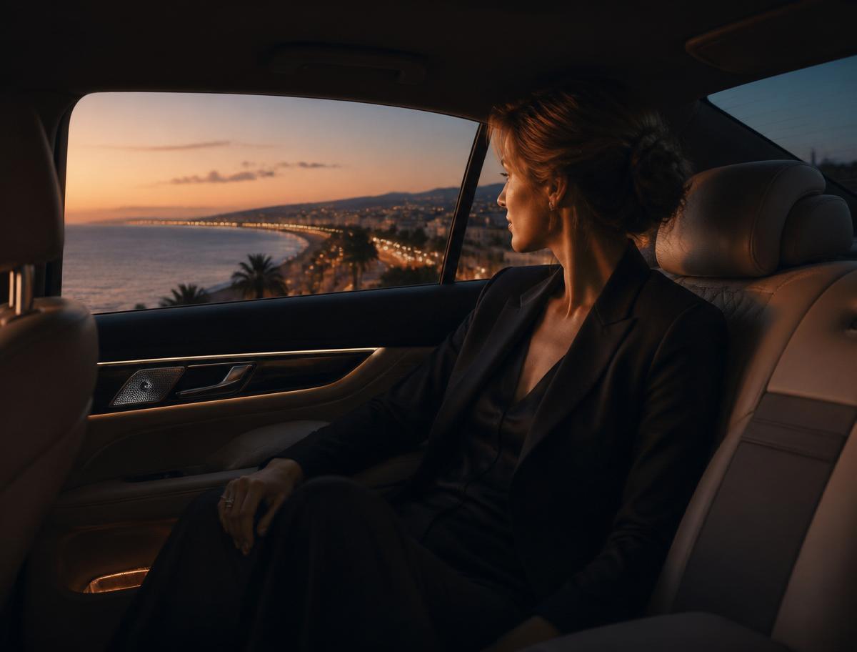 Passagère en sécurité à l'arrière d'un véhicule Ladies au coucher de soleil