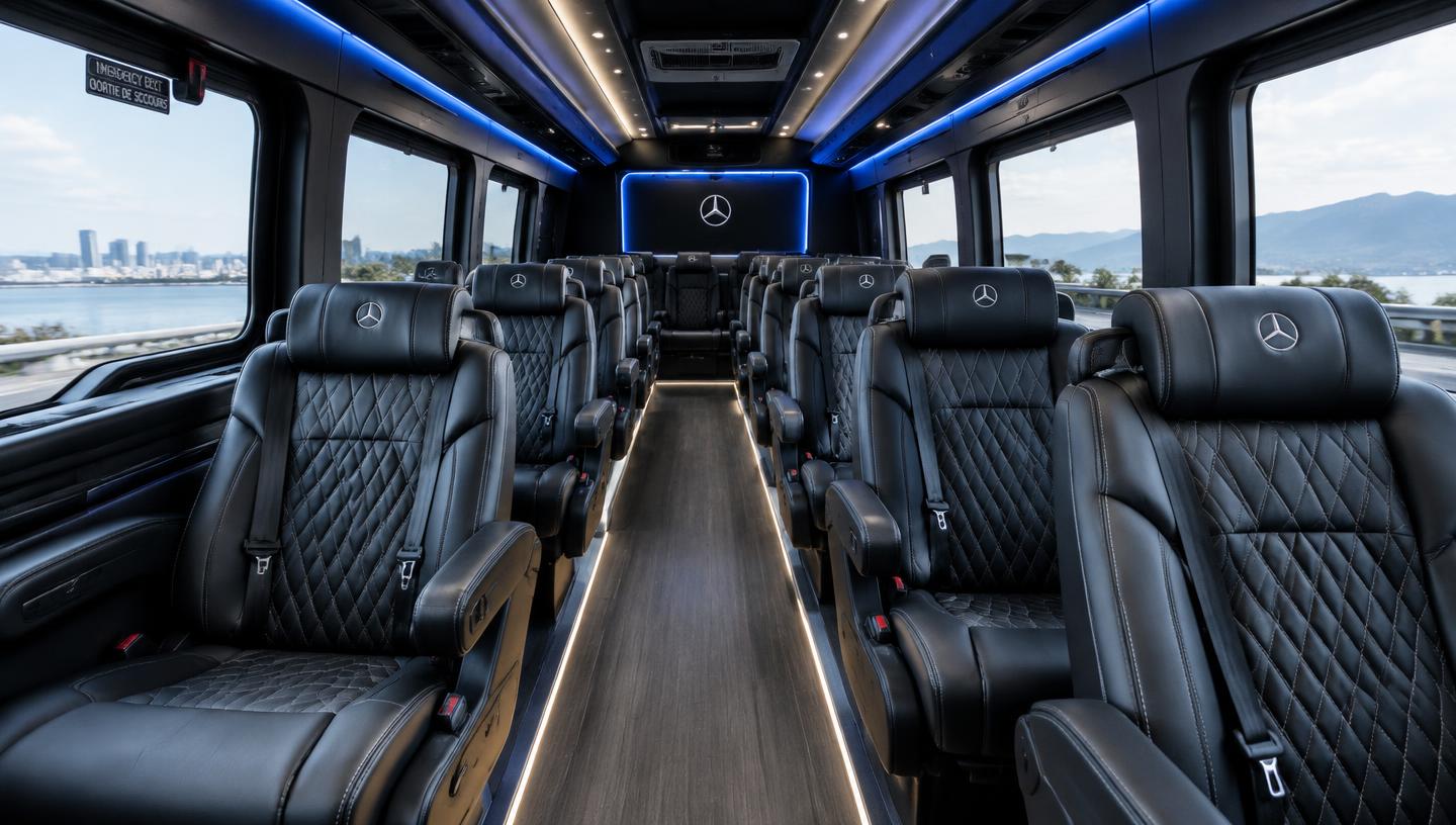 Intérieur du mini-bus Sprinter avec sièges en cuir et éclairage d'ambiance