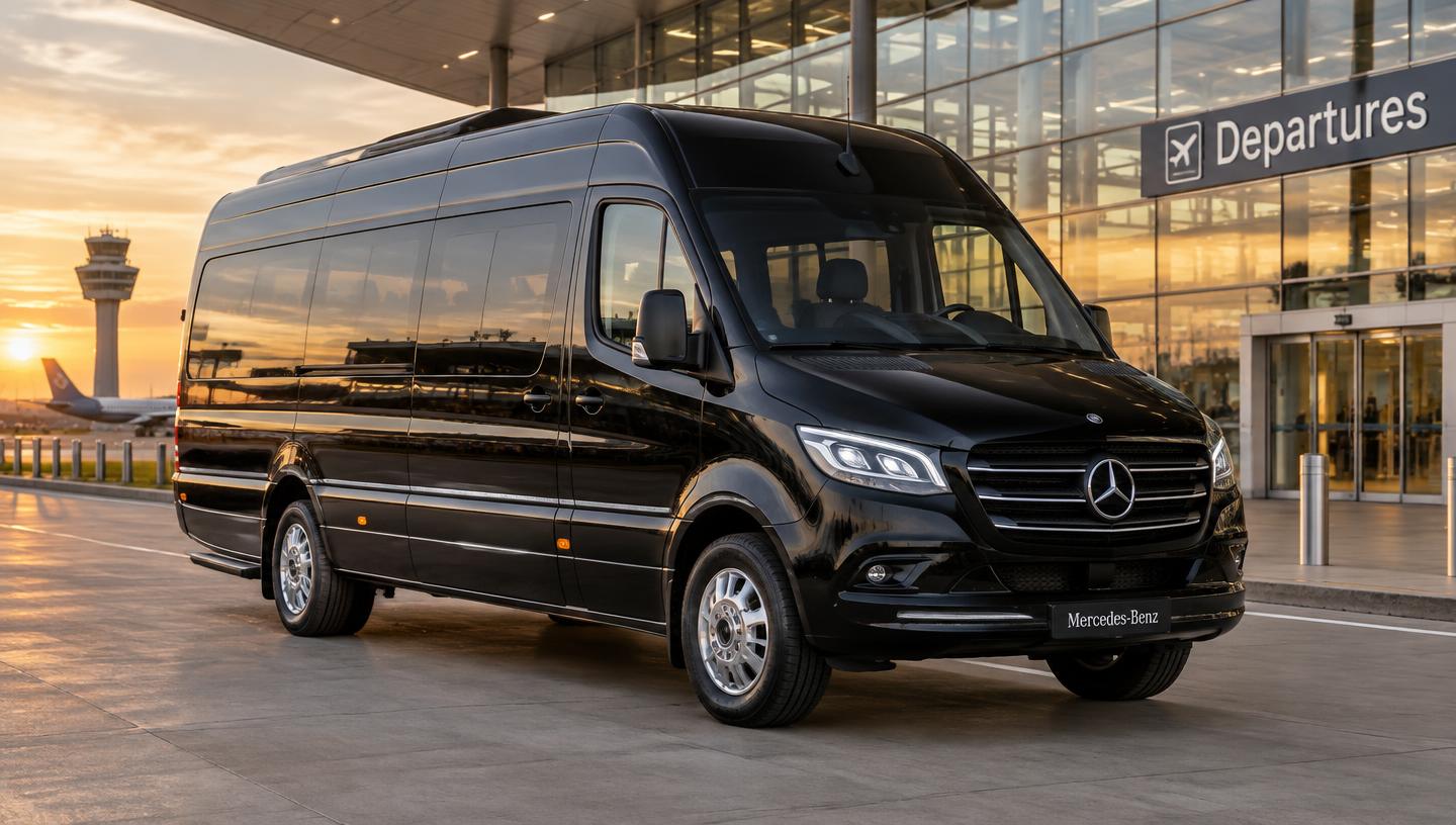 Mini-bus Mercedes-Benz Sprinter noir devant un terminal d'aéroport
