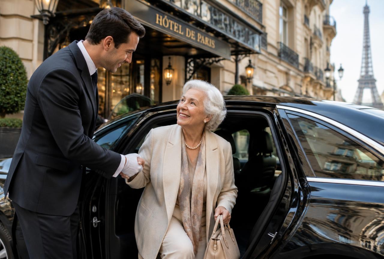 Chauffeur aidant une dame âgée à descendre d'une berline noire devant un hôtel parisien