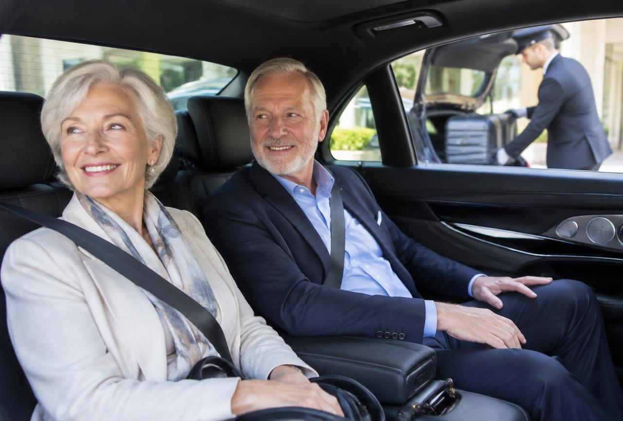 Couple de seniors souriant à l'arrière d'une berline pendant que le chauffeur charge les bagages