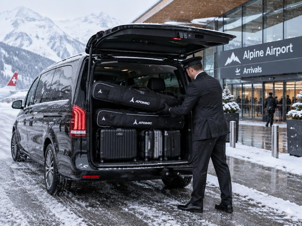 Chauffeur chargeant housses à skis et valises dans un van à l'aéroport
