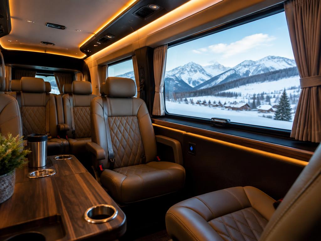 Intérieur cuir d'un van premium avec vue sur les Alpes enneigées