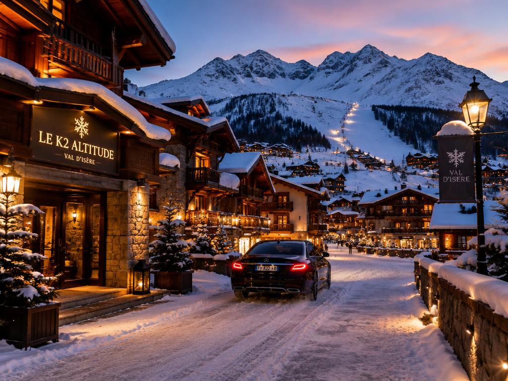 Berline de prestige dans un village de station au crépuscule